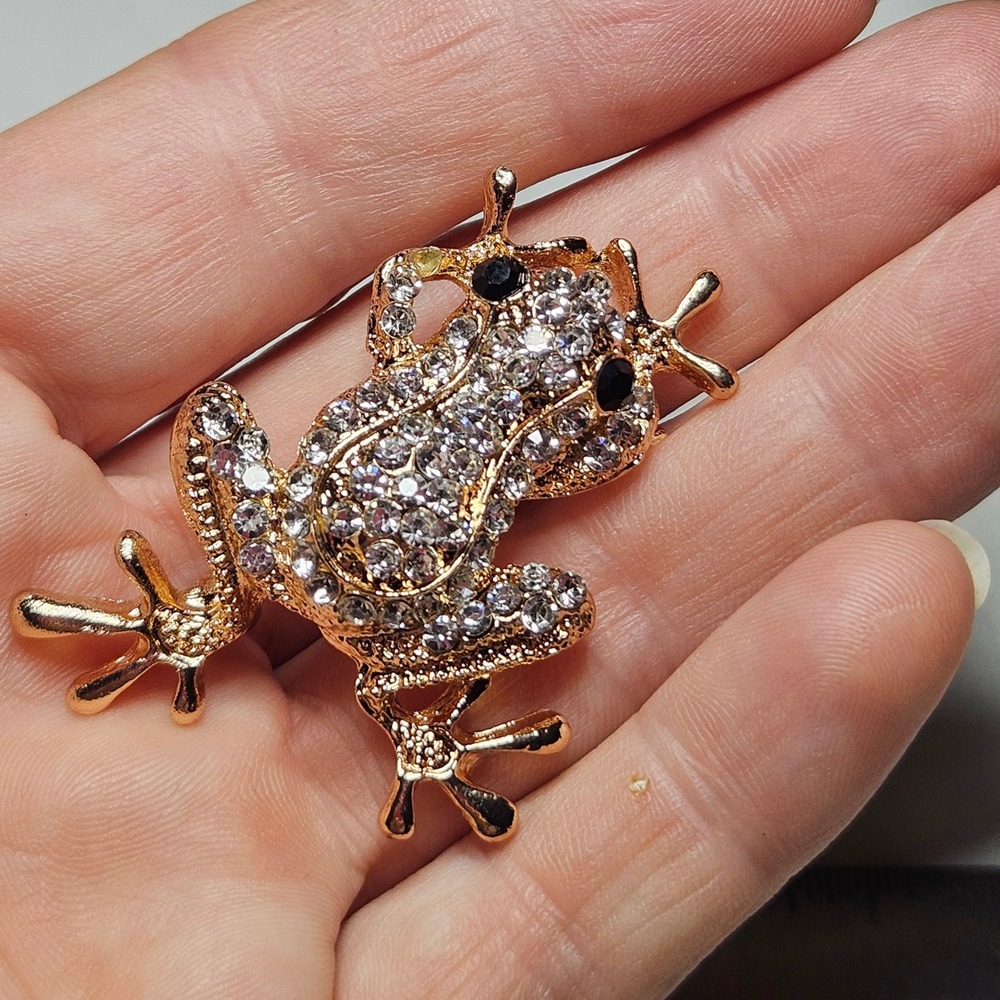 Frog Brooch Pin Womens OS Gold Rhinestone Crystal Animal Jewelry Cute